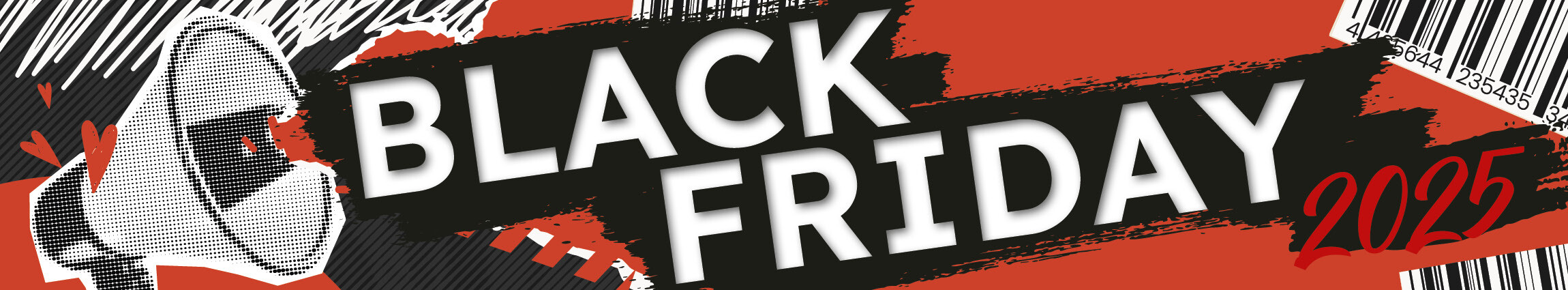 Werbebanner mit rotem Hintergrund, einem Megafon und dem Schriftzug „Black Friday 2024“ sowie mehreren Barcodes.