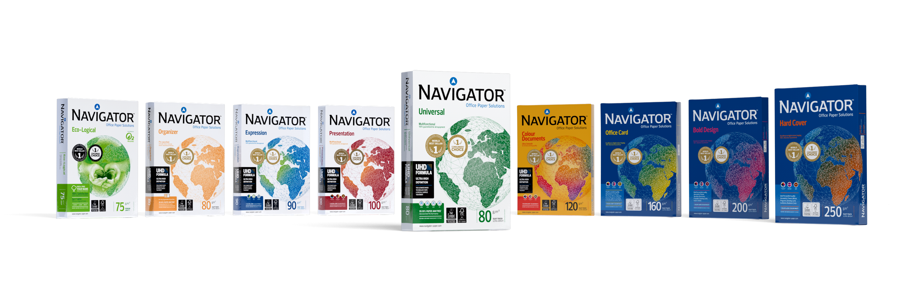 Pack Papiere von Navigator – in der Mitte ein Pack Navigator Universal größer abgebildet als die anderen Varianten