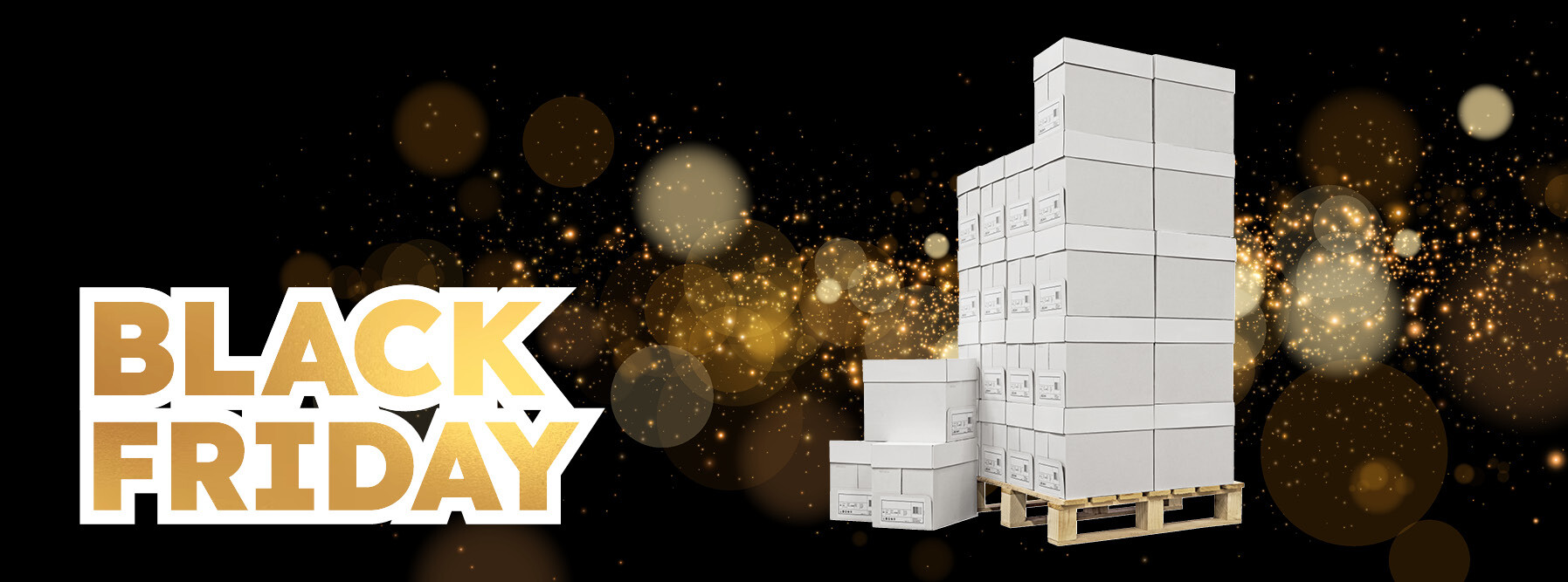 Black-Friday-Banner mit goldener Schrift links und einem großen Stapel weißer Kartons auf einer Palette rechts. Hintergrund mit goldenen Lichtpartikeln auf Schwarz.