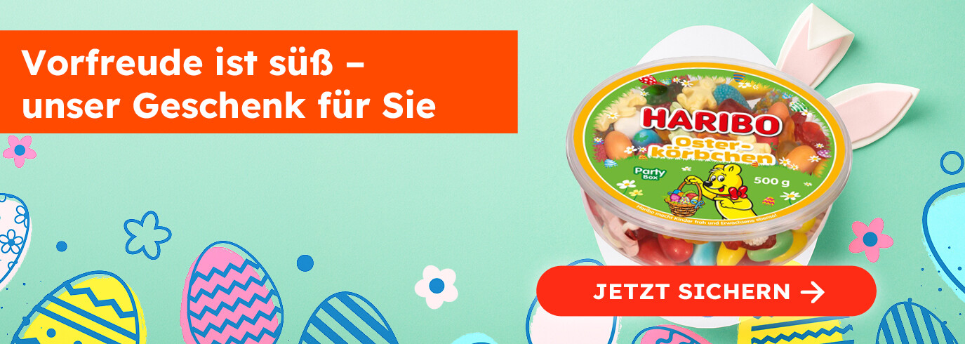 Osterbanner mit Text „Vorfreude ist süß – unser Geschenk für Sie“. Rechts ein HARIBO Osterkörbchen, dazu bunte Ostereier und Frühlingsmotive. Button: „Jetzt sichern“.