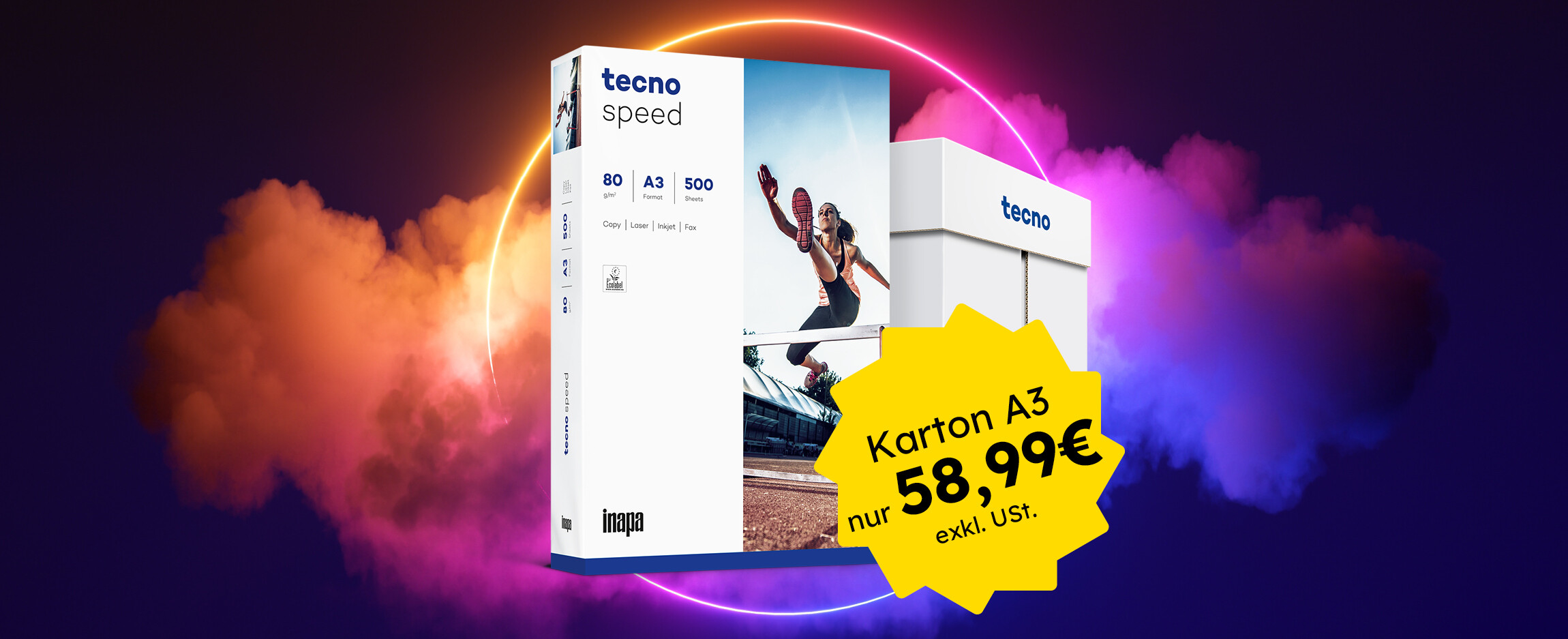 Tecno Speed A3 Kopierpapier vor farbigem Neon-Hintergrund mit Störer: „Karton A3 nur 58,99 € exkl. USt.“