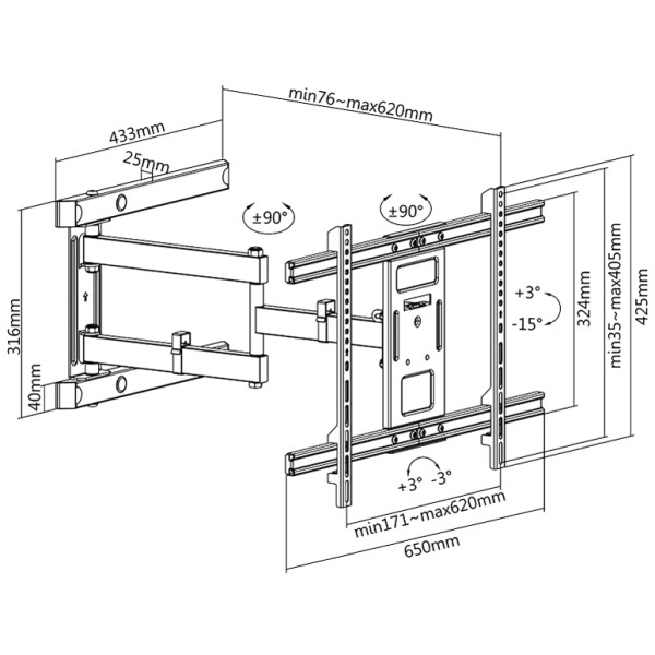 LogiLink TV-Wandhalterung Full Motion, für 93,98 - 203,20 cm
