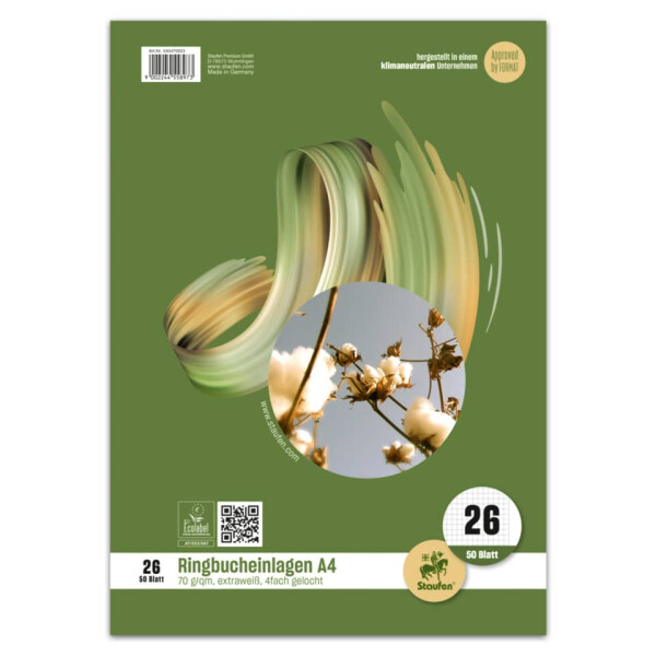STAUFEN STYLE Ringbucheinlage, A4, 70g m&sup2;, 50 Blatt, kariert mit Rand 040470023