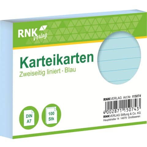 RNK Verlag Karteikarte A7 100 Stück blau liniert