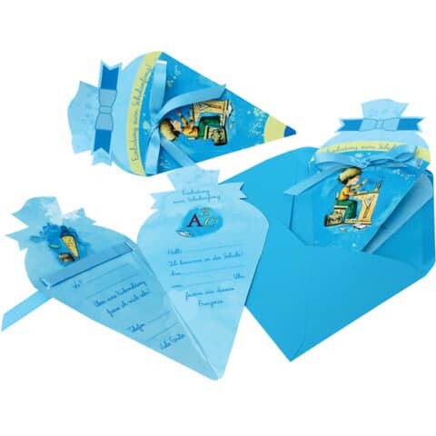 ROTH Einladungskarte, Schultüte-Schulanfang, 4 Stück, blau