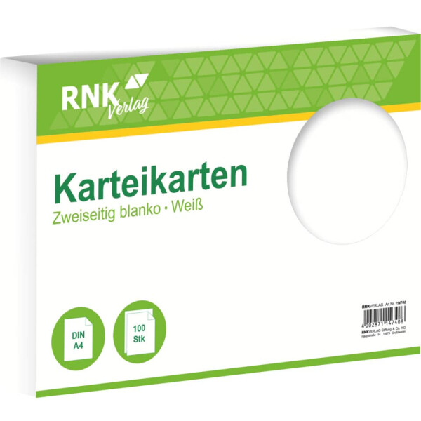 RNK Karteikarte, A4, 170g m², blanko, 100 Stück, weiß 114740