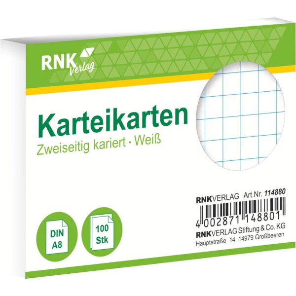 RNK Karteikarte, A8, 170g m&sup2;, kariert, 100 St&uuml;ck, wei&szlig; 114880