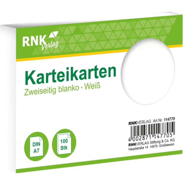 RNK Karteikarte, A7, 170g m&sup2;, blanko, 100 St&uuml;ck, wei&szlig; 114770