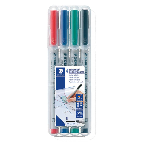 STAEDTLER Folienstift Lumocolor non-permanent, ca. 1.0 mm oder 2.5 mm, Box mit 4 Farben 312 WP4