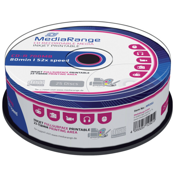 MEDIARANGE CD-R Rohlinge, 700MB 80Min, 52-fach Spindel, bedruckbar, Packung mit 25 St&uuml;ck