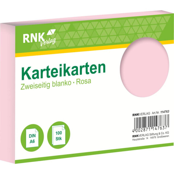 RNK Karteikarte, A6, 170g m², blanko, 100 Stück, rosa 114763