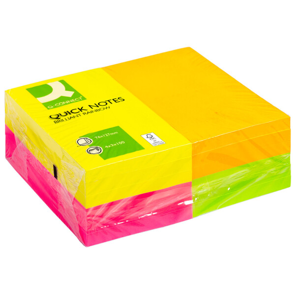 Q-CONNECT Haftnotizblock Ouick Notes, 100 Blatt, 12 Stück, 125x75mm, neon sortiert KF01350