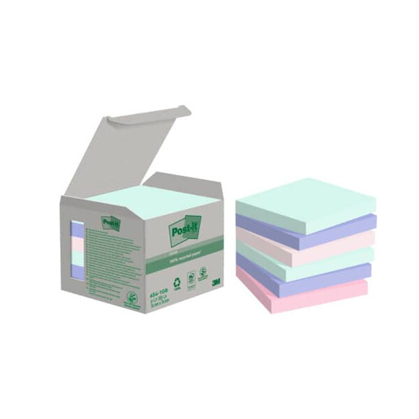 Post-it Haftnotizblock Recycling Notes, 76x76mm, Farbe: mint, hellblau, rosa, flamingopink, 6 x 100 Blatt