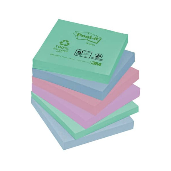 Post-it Haftnotizblock Recycling Notes, 76x76mm, Farbe: mint, hellblau, rosa, flamingopink, 6 x 100 Blatt