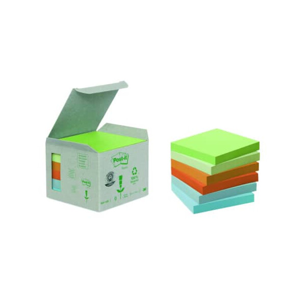 Post-it Haftnotizblock Recycling Notes, 76x76mm, Farbe: mint, hellblau, rosa, flamingopink, 6 x 100 Blatt