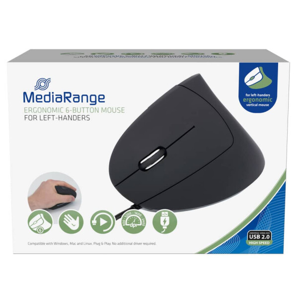MEDIARANGE Maus kabelgebunden, Linksh&auml;nder, 6 Tasten, 2400dpi, optisch, schwarz grau MROS231