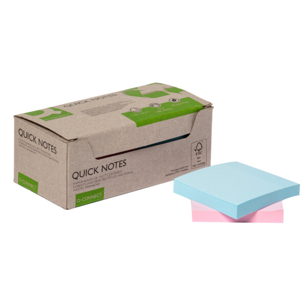 Q-CONNECT Haftnotizblock Recycling Ouick Notes, 100 Blatt, 12 St&uuml;ck, 76x76mm, pastell sortiert KF17324