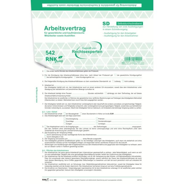 RNK Arbeitsvertrag f&uuml;r gewerbliche Arbeitnehmer, SD, DIN A4 542