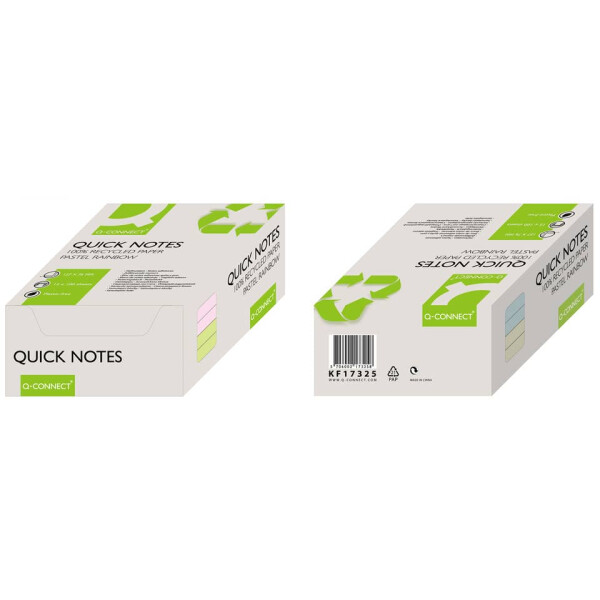 Q-CONNECT Haftnotizblock Recycling Ouick Notes, 100 Blatt, 12 St&uuml;ck, 76x127mm, pastell sortiert KF17325