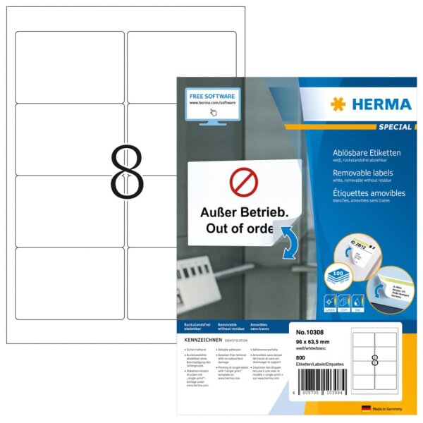 HERMA Etiketten abl&ouml;sbar, 96x63,5mm, 800 St&uuml;ck, wei&szlig; 10308
