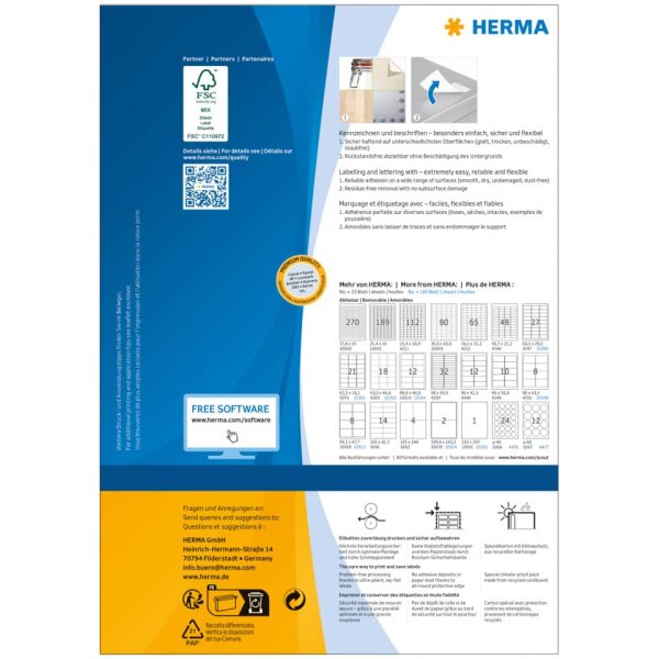 HERMA Etiketten abl&ouml;sbar, 96x63,5mm, 800 St&uuml;ck, wei&szlig; 10308