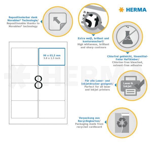 HERMA Etiketten abl&ouml;sbar, 96x63,5mm, 800 St&uuml;ck, wei&szlig; 10308