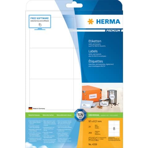 HERMA Universaletiketten, permanent, 96,5x67,7mm, 200 Stück, weiß