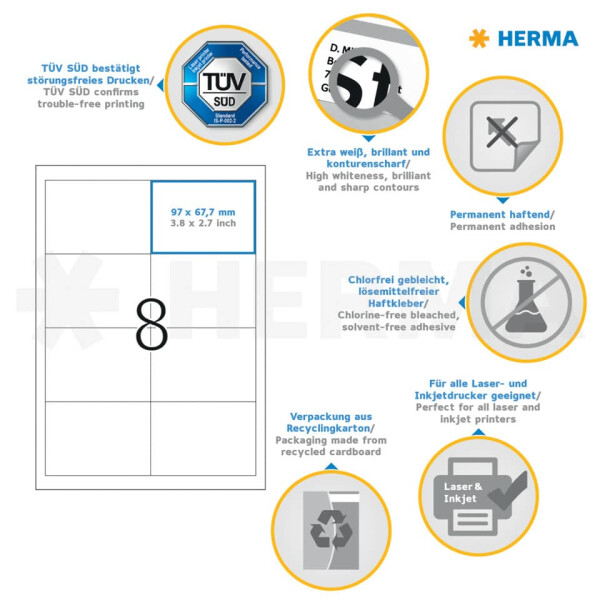 HERMA Etiketten Premium permanent, 96,5x67,7mm, 200 St&uuml;ck, wei&szlig; 4359