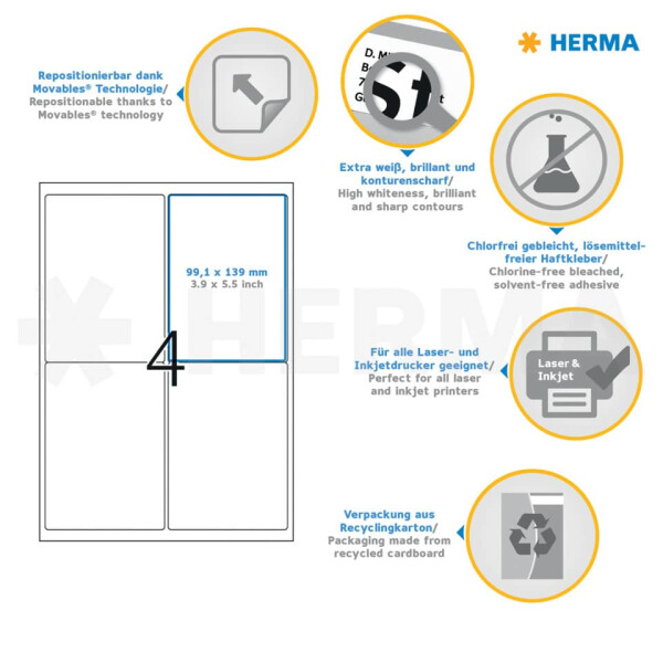 HERMA Adressetiketten ablösbar, 99,1x139mm, 100 Stück, weiß 10019
