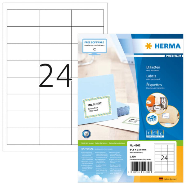 HERMA Etiketten Premium permanent, 64,6x33,8mm, 2400 St&uuml;ck, wei&szlig; 4262