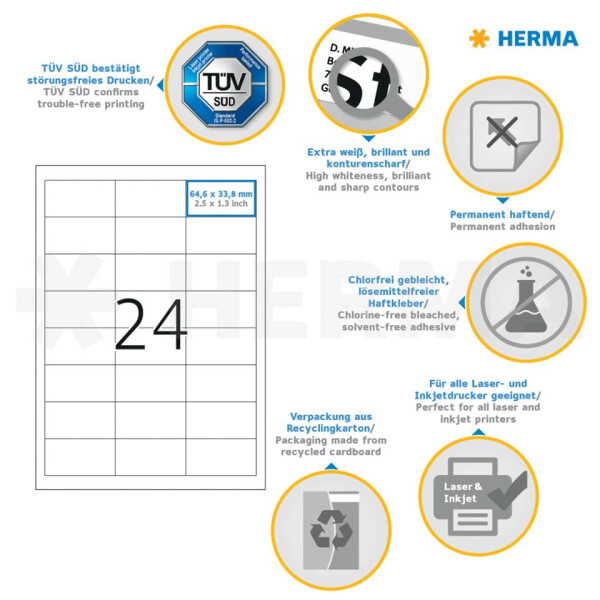 HERMA Etiketten Premium permanent, 64,6x33,8mm, 2400 St&uuml;ck, wei&szlig; 4262