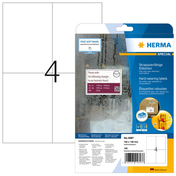 HERMA Folienetiketten stark haftend, 105x148mm, wetterfest, 100 St&uuml;ck, wei&szlig; 4697