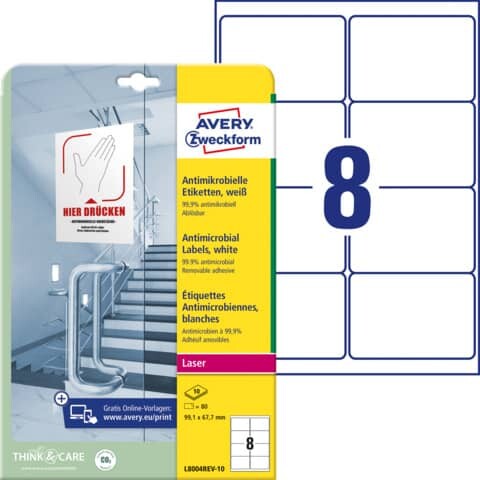 AVERY Zweckform Antimikrobielle Etiketten, ablösbar, A4, 99,1 x 67,7 mm, 10 Bogen 80 Etiketten, weiß