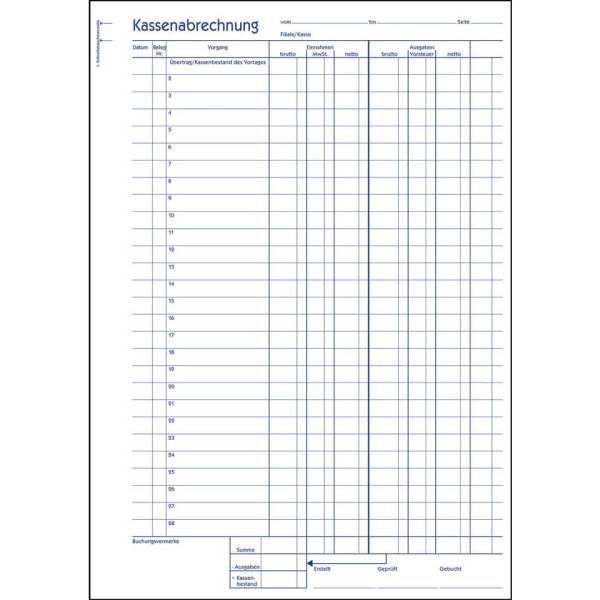 AVERY ZWECKFORM Kassenabrechnung Recycling, A4, Blaupapier, 2x50 Blatt 1227