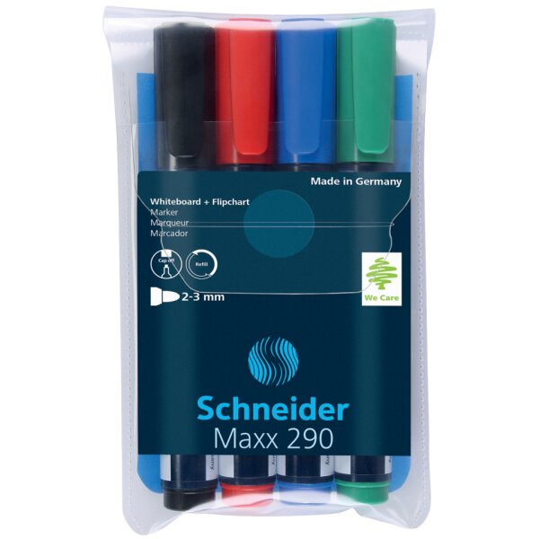 SCHNEIDER Boardmarker Maxx 290, nachf&uuml;llbar, 2-3 mm, sortiert, 4er Karton-Etui SN129094