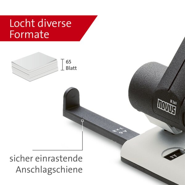 NOVUS Registraturlocher B 265, 65 Blatt, Anschlagschiene, Kunststoff, lichtgrau schwarz 025-0266