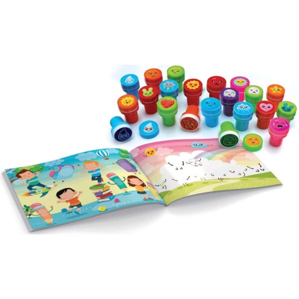 Joustra Motivstempel Emoji, selbstf&auml;rbend, Kunststoffkoffer mit 26St+1St Stempel-Block J41817