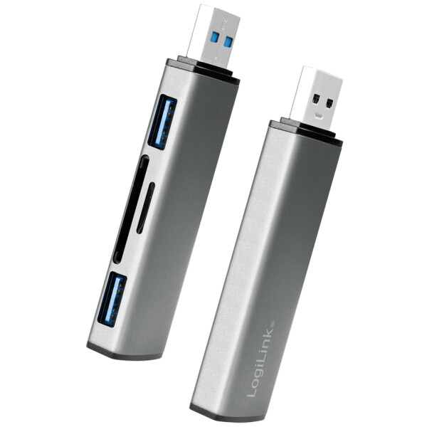 LogiLink USB 3.2 Gen2 Hub mit Kartenleser, 2 Port, alu
