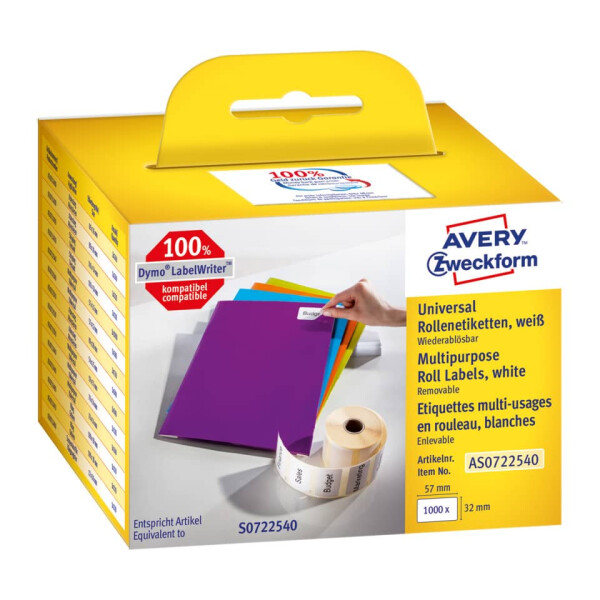 AVERY ZWECKFORM Rollen-Etiketten ablösbar, 32x57mm, 1000 Stück, weiß AS0722540
