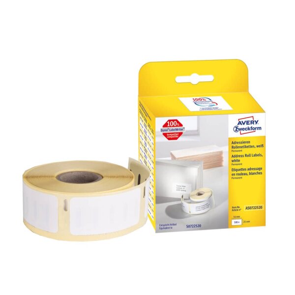 AVERY ZWECKFORM Rollen-Etiketten, 25x54mm, 500 St&uuml;ck, wei&szlig; AS0722520