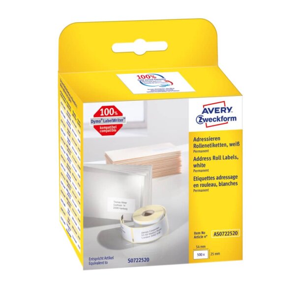AVERY ZWECKFORM Rollen-Etiketten, 25x54mm, 500 St&uuml;ck, wei&szlig; AS0722520