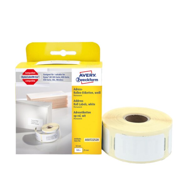 AVERY ZWECKFORM Rollen-Etiketten, 25x54mm, 500 St&uuml;ck, wei&szlig; AS0722520