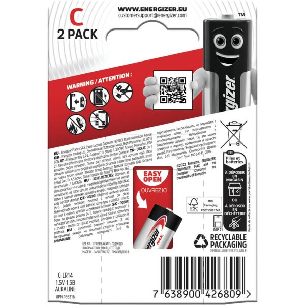 ENERGIZER Batterie Alkali-Mangan Max, LR14 C Baby, 2 St&uuml;ck E302306701