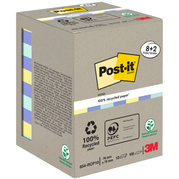 POST-IT Haftnotizblock Recycling Notes, 76 x 76 mm, sortiert, 10 x 100 Blatt