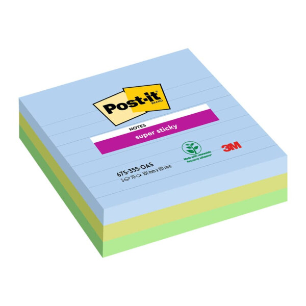 POST-IT Haftnotizblock Super Sticky Notes Oasis Collection, 101 x 101 mm, liniert, 3x 70 Blatt