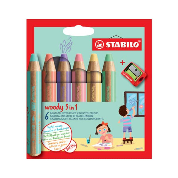 STABILO Multitalent-Stift woody 3 in 1 Etui, 10 mm, sortiert, Kartonetui mit 6 Stiften und 1 kindersicheren Spitzer