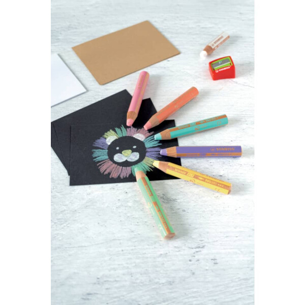 STABILO Multitalent-Stift woody 3 in 1 Etui, 10 mm, sortiert, Kartonetui mit 6 Stiften und 1 kindersicheren Spitzer 8806-3