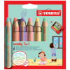 STABILO Multitalent-Stift woody 3 in 1 Etui, 10 mm, sortiert, Kartonetui mit 6 Stiften und 1 kindersicheren Spitzer