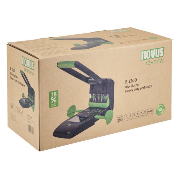 NOVUS Blocklocher B 2200 re+new, 200 Blatt, Anschlagleiste, Metall, schwarz 025-0651