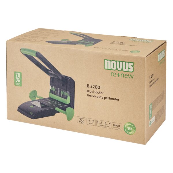 NOVUS Blocklocher B 2200 re+new, 200 Blatt, Anschlagleiste, Metall, schwarz 025-0651